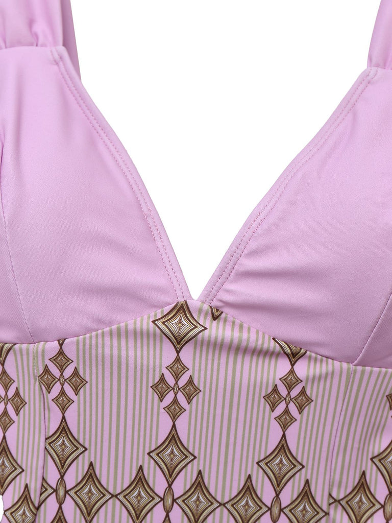 This Rose Viole 1940s Wide-Straps Geometric Swimdress wraps her in 1940s elegance, one twirl at a time