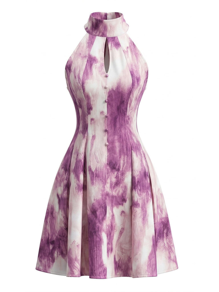 Rose Violet Tie-Dye Halter Button Flared Dress Rose Violet Tie-Dye Halter Button Flared Dress