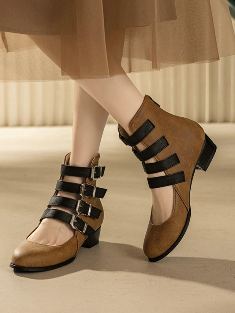 Round Toe Low Chunky Heel Cut-Out Boots - vintage shoes, retro heels
