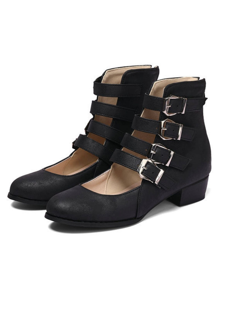 Round Toe Low Chunky Heel Cut-Out Boots - vintage shoes, retro heels