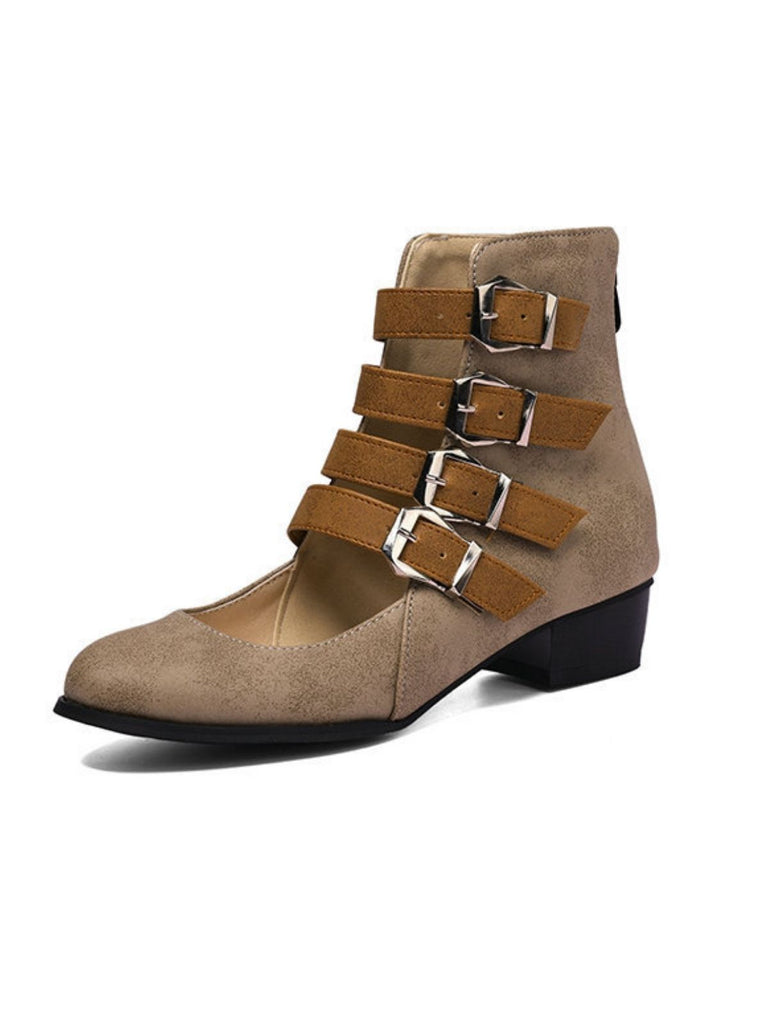 Round Toe Low Chunky Heel Cut-Out Boots - vintage shoes, retro heels