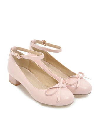 She finds her vintage story in this Round Toe Solid Buckle Bow High Heels