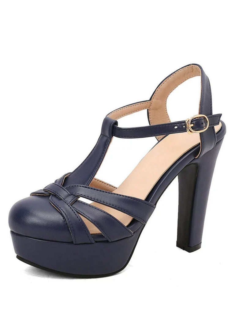 Round Toe T-Strap Chunky Block Heel Platform Sandals - vintage shoes, retro heels