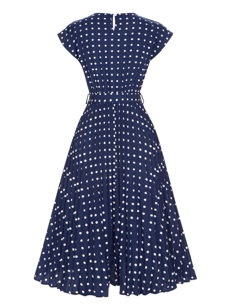 Royal Blue 1940s Polka Dots Belt Cap Dress Royal Blue 1940s Polka Dots Belt Cap Dress