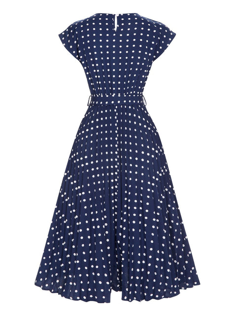 old navy blue polka dot dress Retro Stage Crew Neck Polka Dots Belt Cap Dress for Women Blue