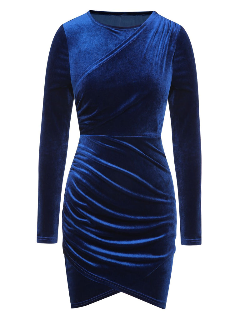 Royal Blue 1960s Solid Long Sleeve Velvet Dress, vintage dress, retro fashion - perfect for women who love vintage and retro fashion