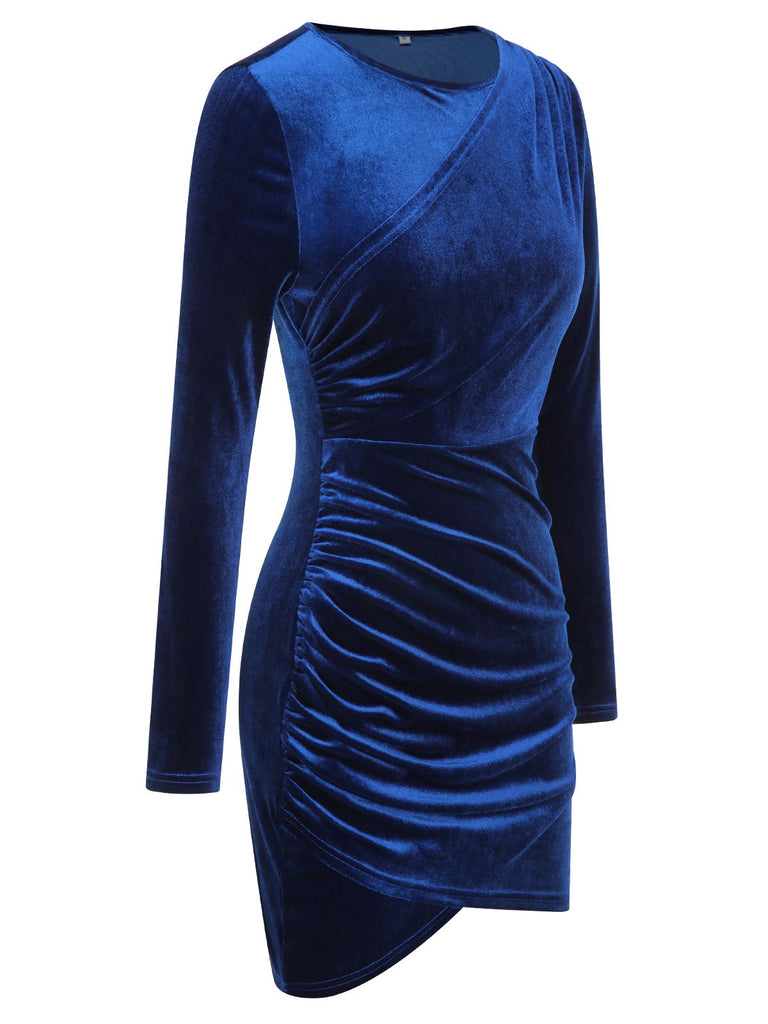 Royal Blue 1960s Solid Long Sleeve Velvet Dress, vintage dress, retro fashion - perfect for women who love vintage and retro fashion