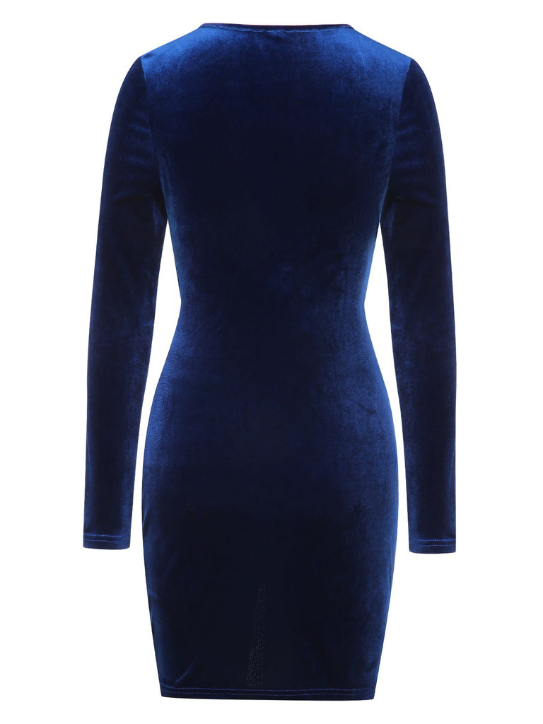 Royal Blue 1960s Solid Long Sleeve Velvet Dress, vintage dress, retro fashion - perfect for women who love vintage and retro fashion