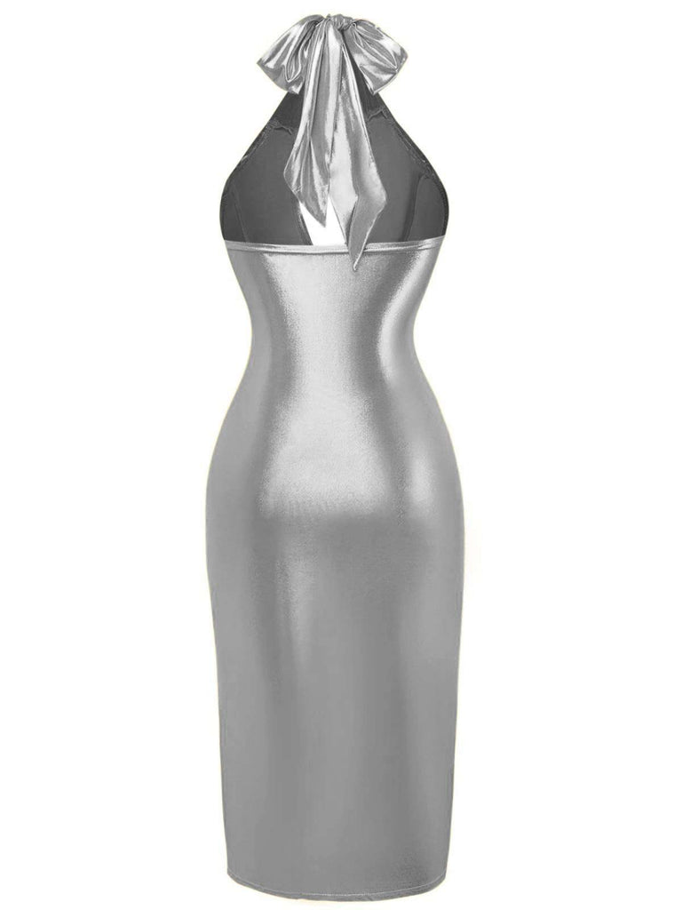 1960s Metallic Halter Keyhole Bodycon Dress