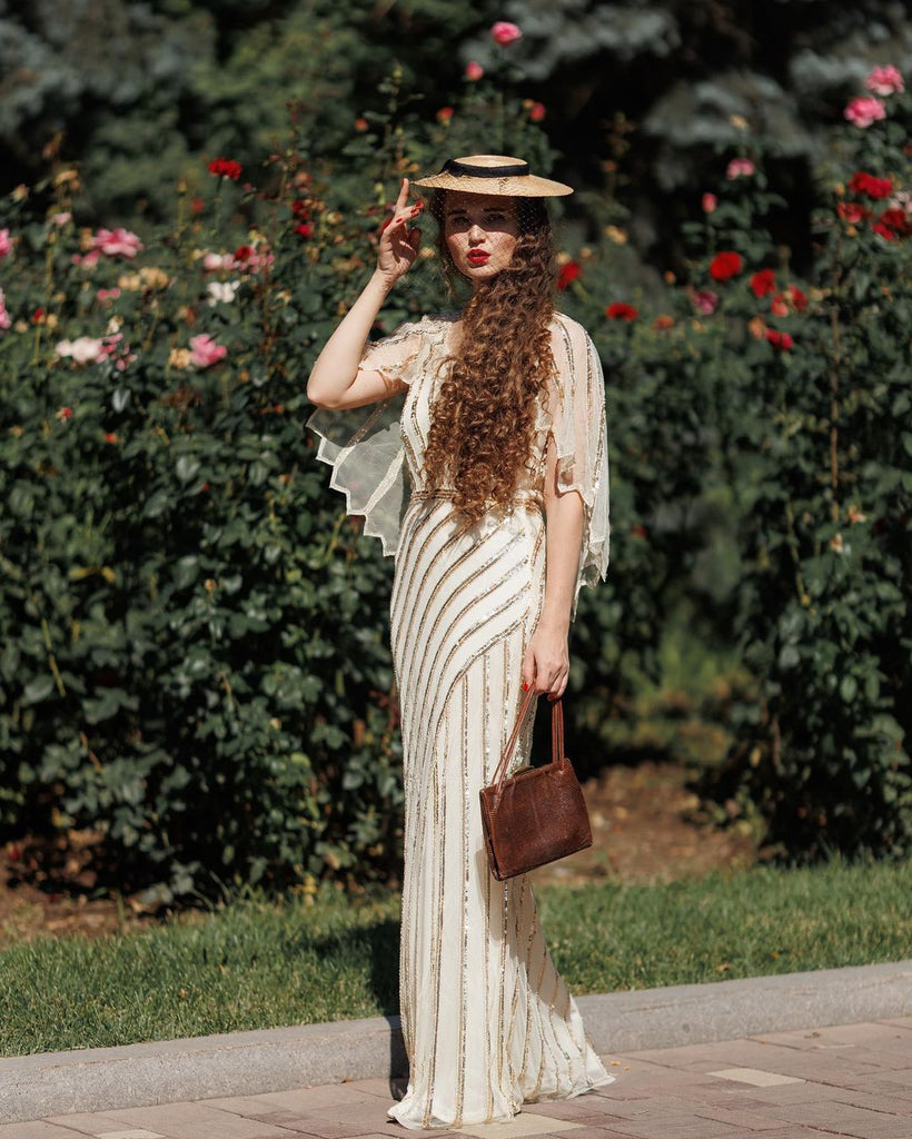 1920s Mesh Sequined Cape Maxi Dress