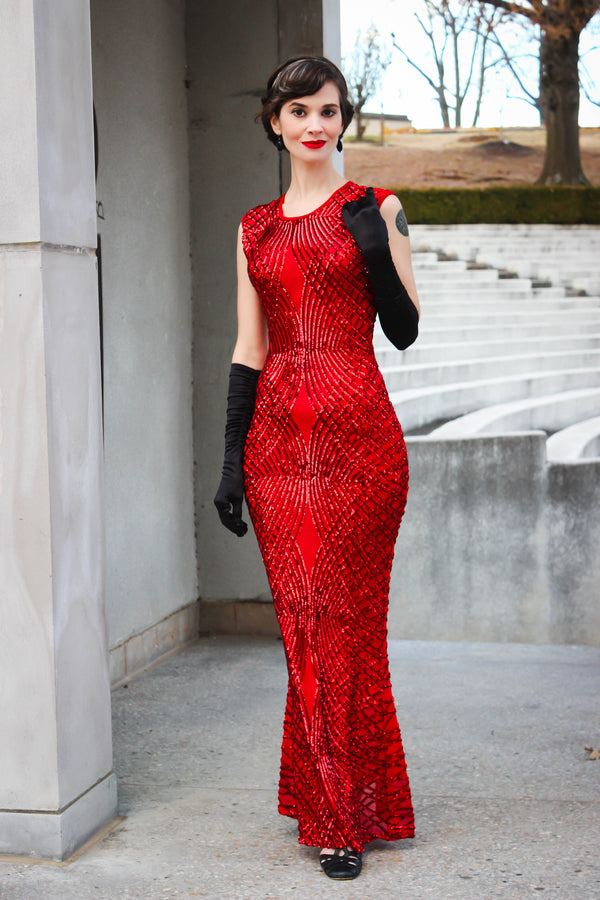 Retro Stage 1920s Sequined Sleeveless Geometric Dress/Size:L