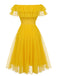 [US Warehouse] Yellow 1950s Dots Off-Shoulder Mesh Swing Dress