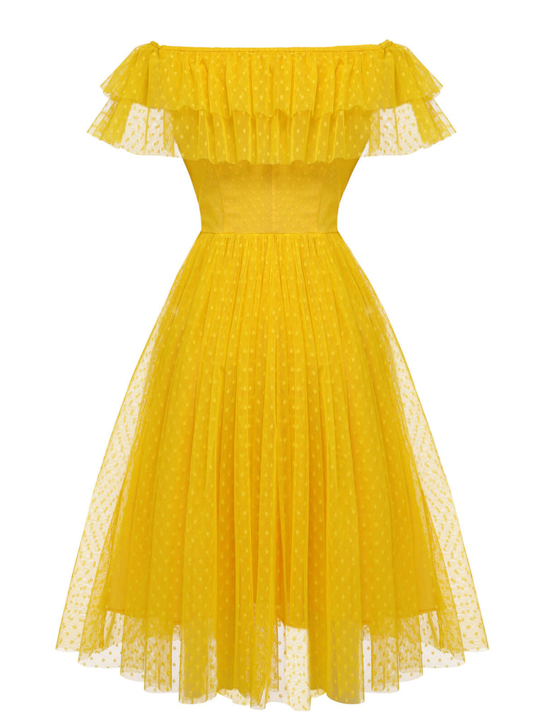 Yellow 1950s Dots Off-Shoulder Mesh Swing Dress