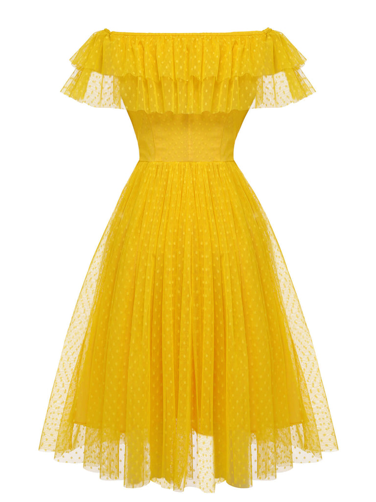 Yellow 1950s Dots Off-Shoulder Mesh Swing Dress