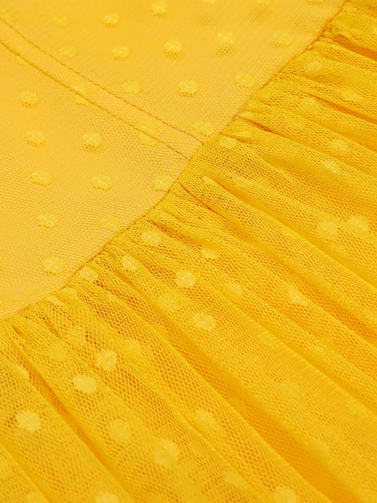 Yellow 1950s Dots Off-Shoulder Mesh Swing Dress