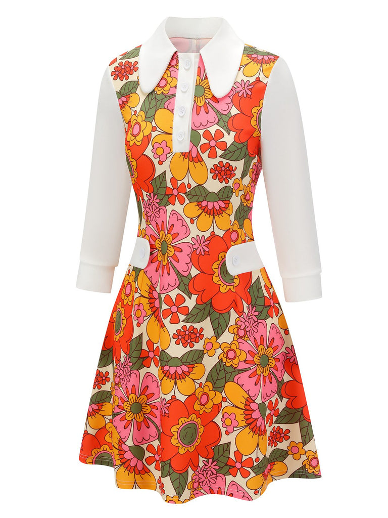 Orange 1960s Lapel Flowers Patchwork Dress