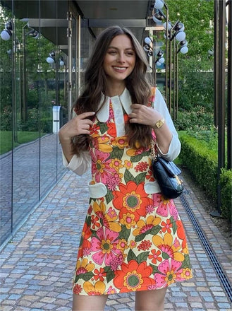 Orange 1960s Lapel Flowers Patchwork Dress