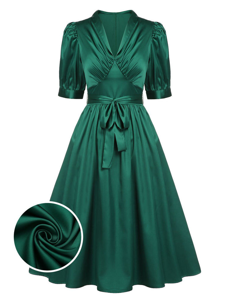 Dark Green 1940s Solid Belt V-Neck Dress