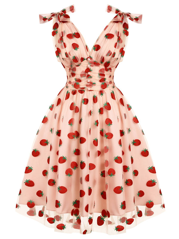 [Pre-Sale] Pink 1950s Strawberry Mesh Swing Dress | Retro Stage