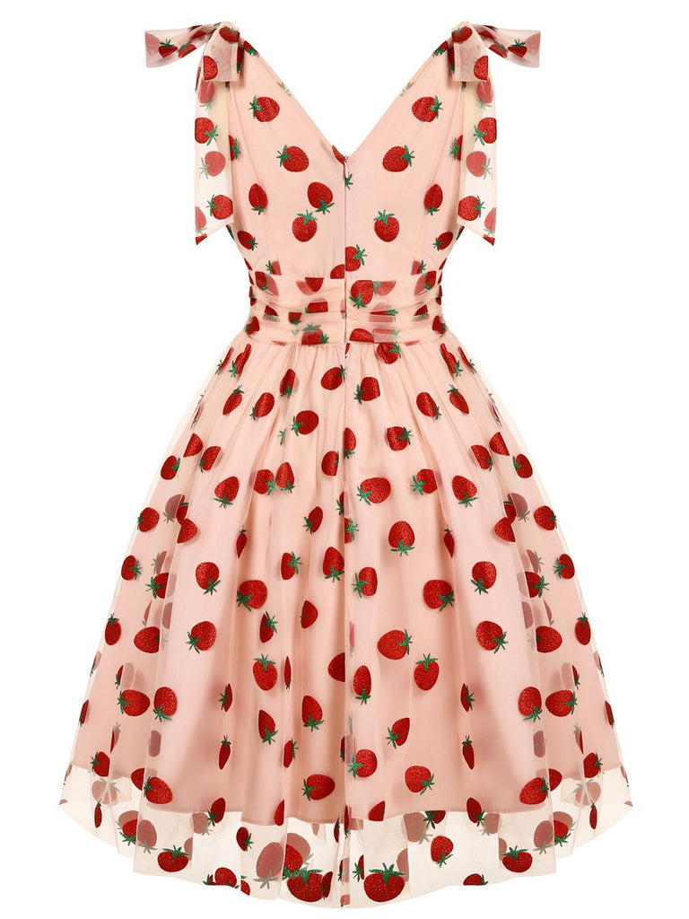 Pink 1950s Strawberry Mesh Swing Dress
