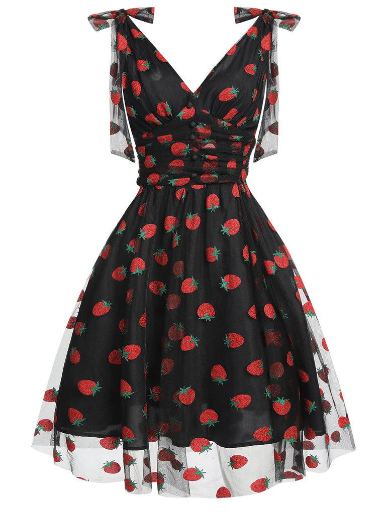 Pink 1950s Strawberry Mesh Swing Dress