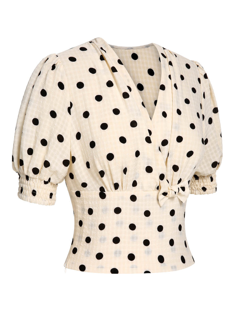 Beige 1940s Dots Bowknot V-Neck Blouse