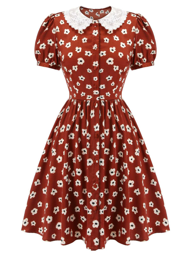 Red 1960s Floral Puff Sleeve Flared Dress