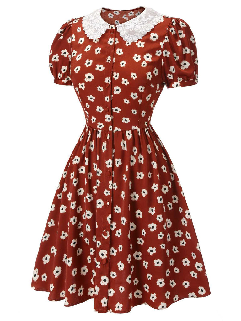 Red 1960s Floral Puff Sleeve Flared Dress