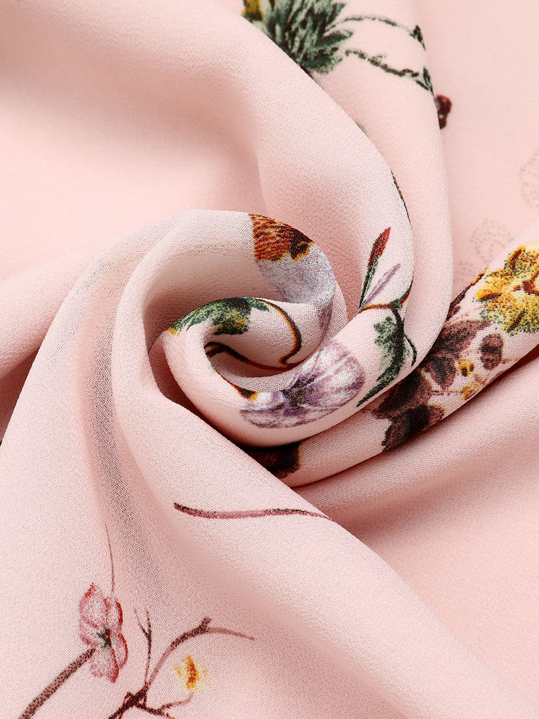 [US Warehouse] Pink Flowers And Birds Bowknot V-Neck Dress