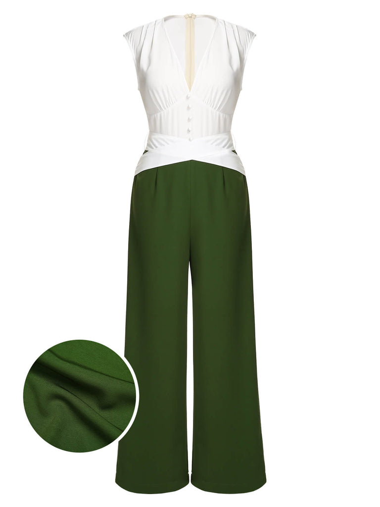 White & Dark Green 1930s Back Bow Jumpsuit