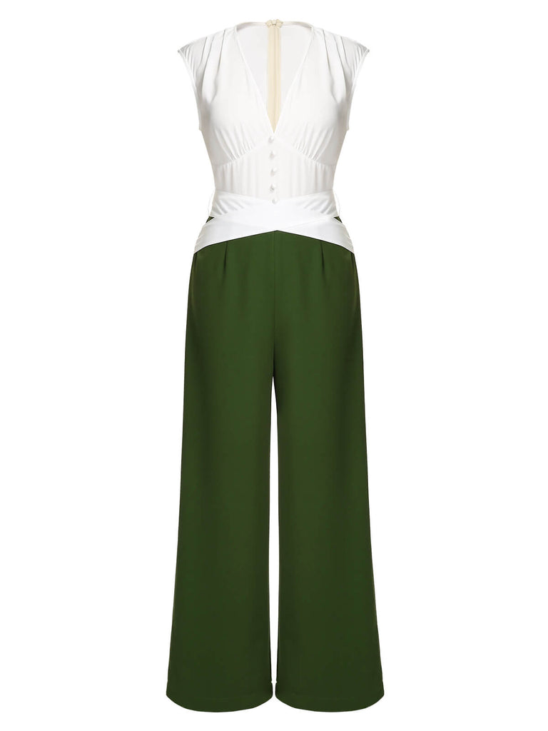 White & Dark Green 1930s Back Bow Jumpsuit