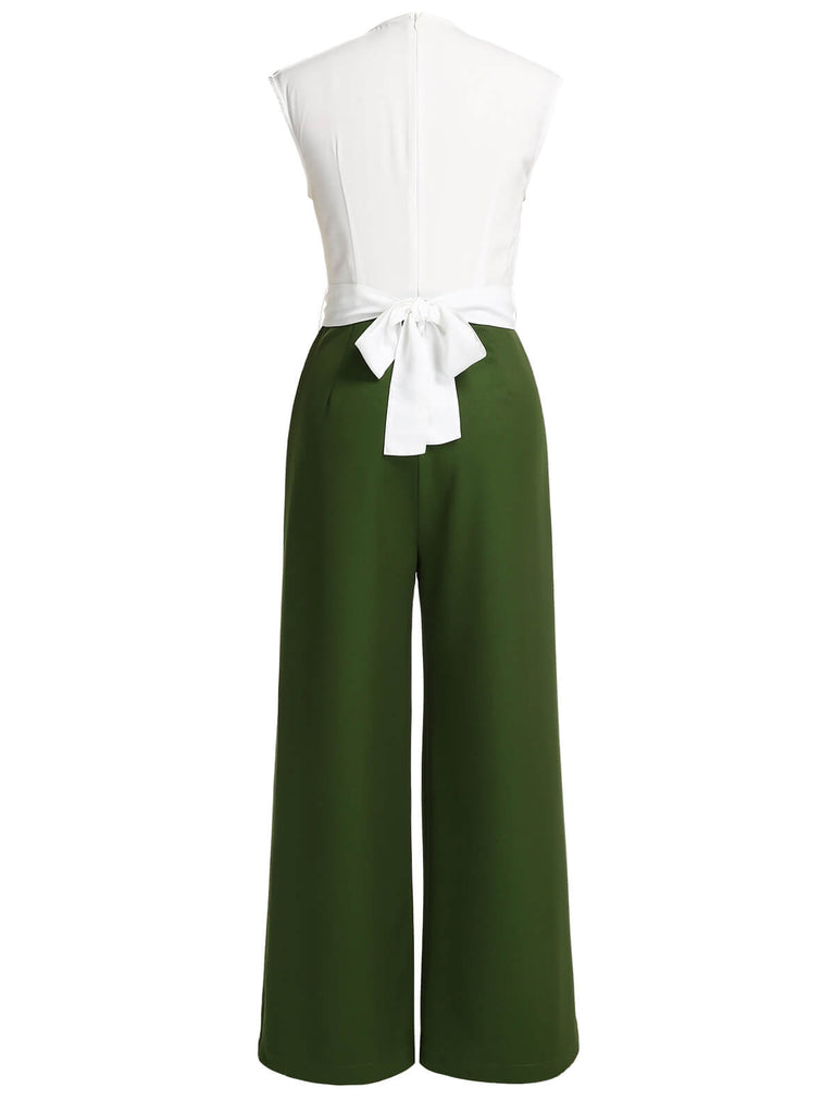 White & Dark Green 1930s Back Bow Jumpsuit