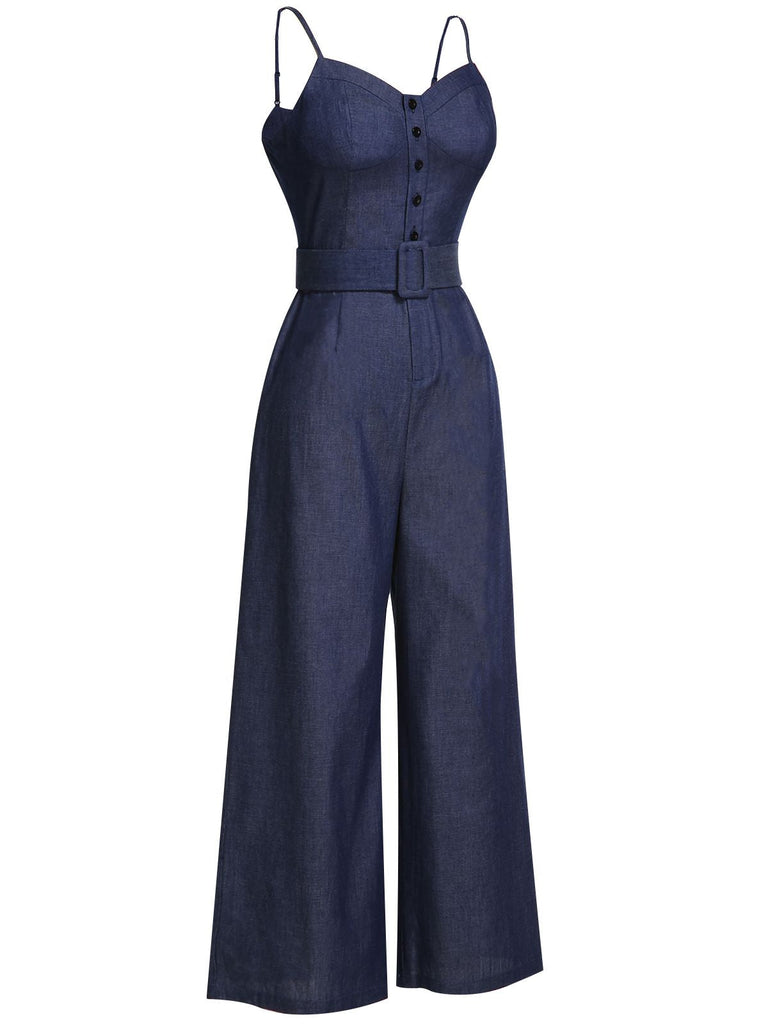 Navy Blue 1930s Cowboy Solid Strap Jumpsuit
