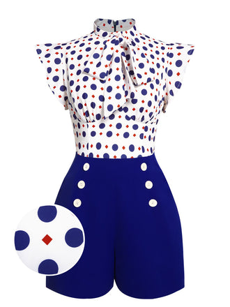 [US Warehouse] Blue 1950s Polka Dot Buttoned Romper