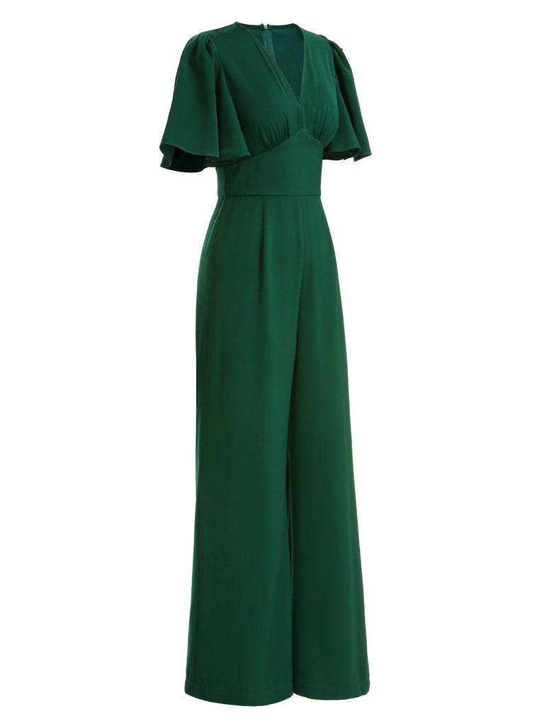 Green 1930s Solid V-Neck Jumpsuit | Retro Stage