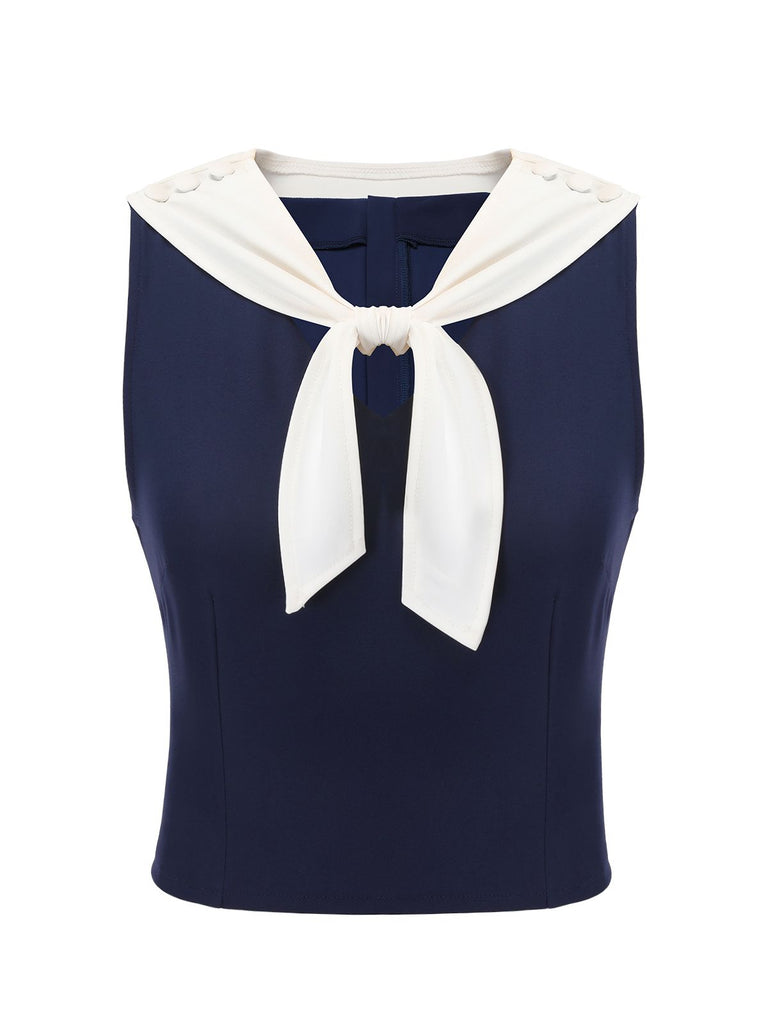 Navy Blue 1950s Solid Sailor Collar Blouse