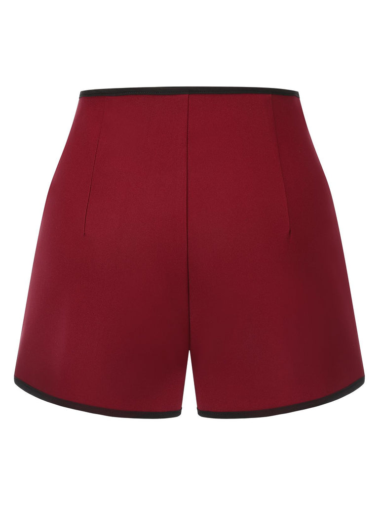 Red 1950s Elastic Waist Solid Shorts