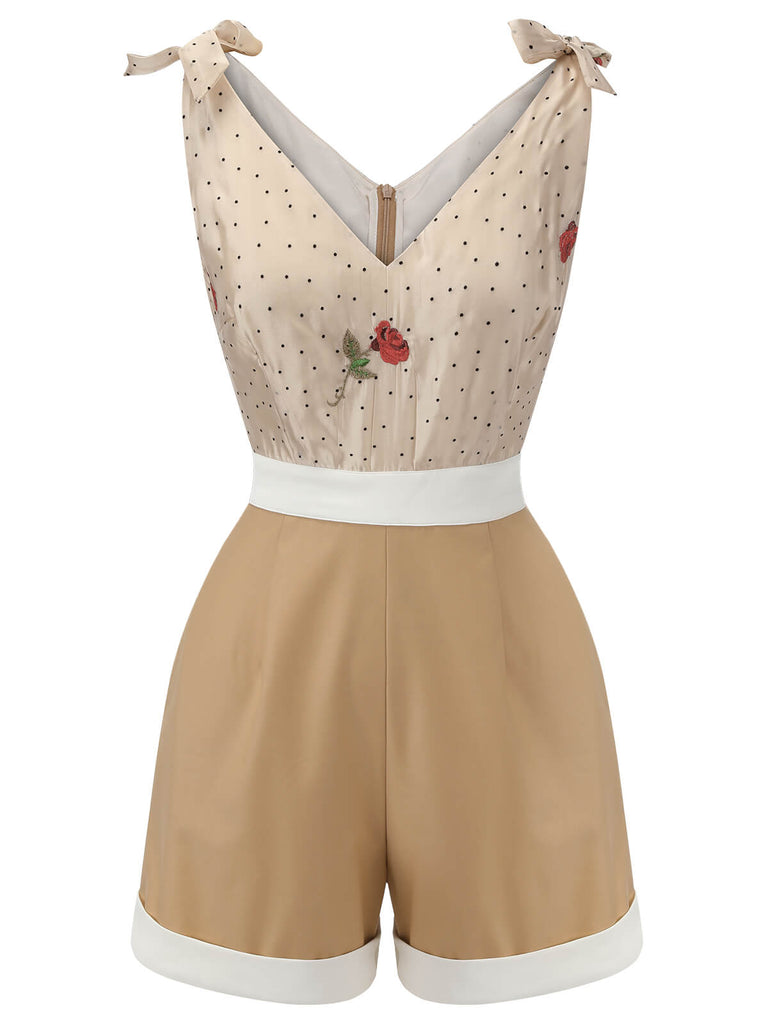 Khaki 1950s Embroidered Rose V-Neck Romper