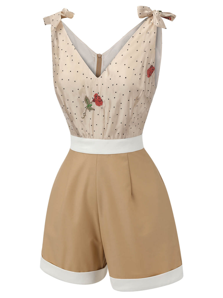Khaki 1950s Embroidered Rose V-Neck Romper