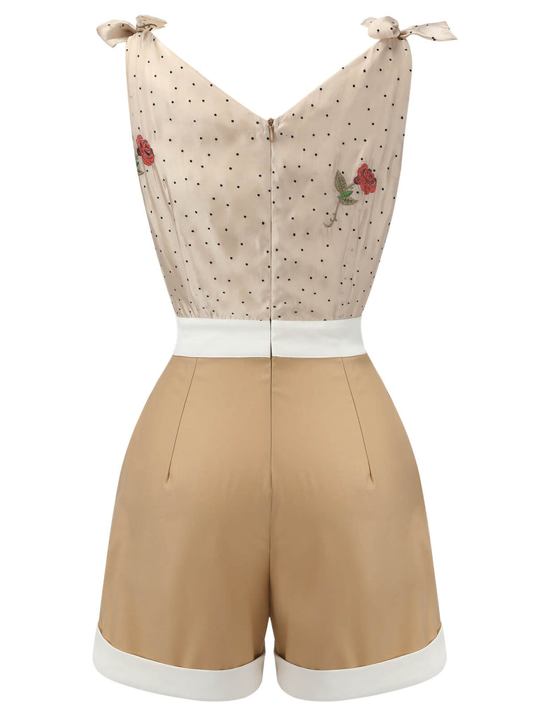 Khaki 1950s Embroidered Rose V-Neck Romper