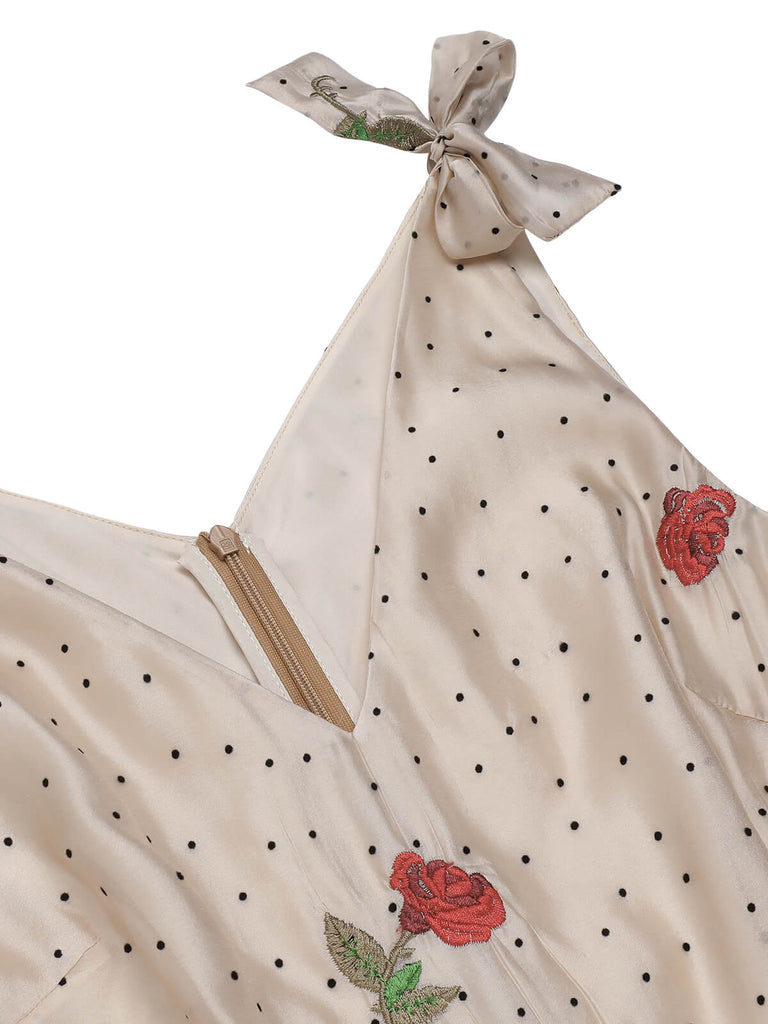 Khaki 1950s Embroidered Rose V-Neck Romper