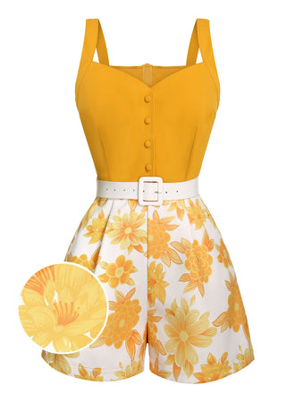 [US Warehouse] Yellow 1950s Spaghetti Strap Floral Romper