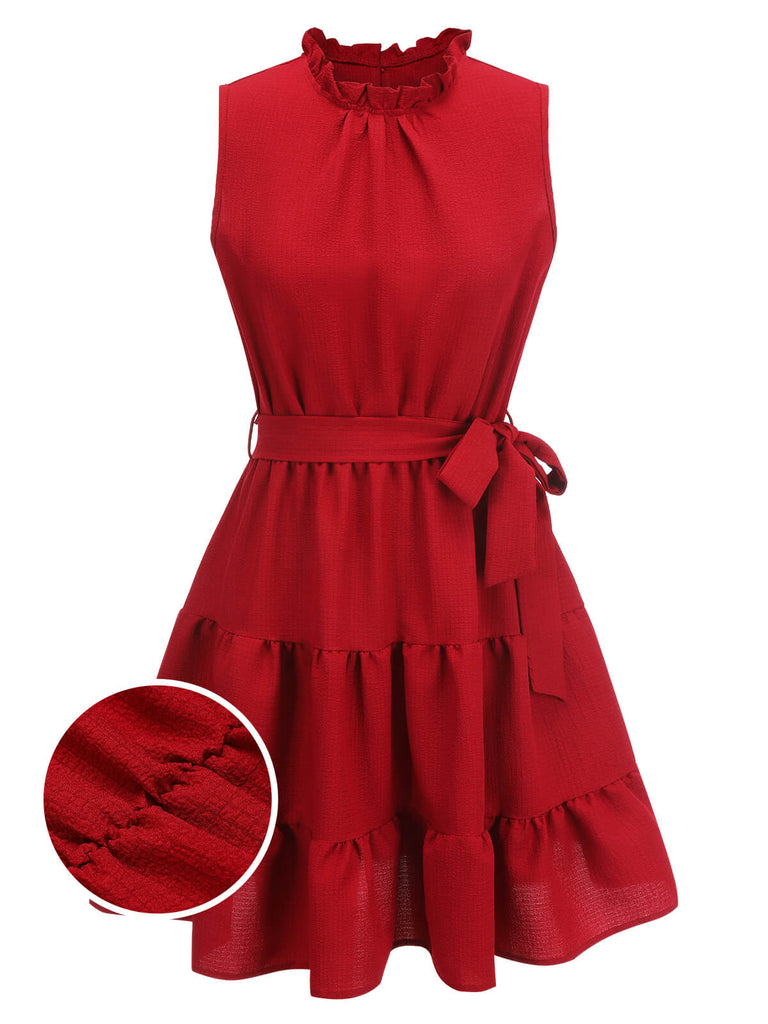Red 1950s Ruffles Sleeveless Dress With Belt