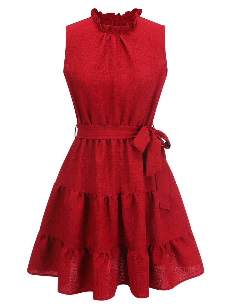 Red 1950s Ruffles Sleeveless Dress With Belt