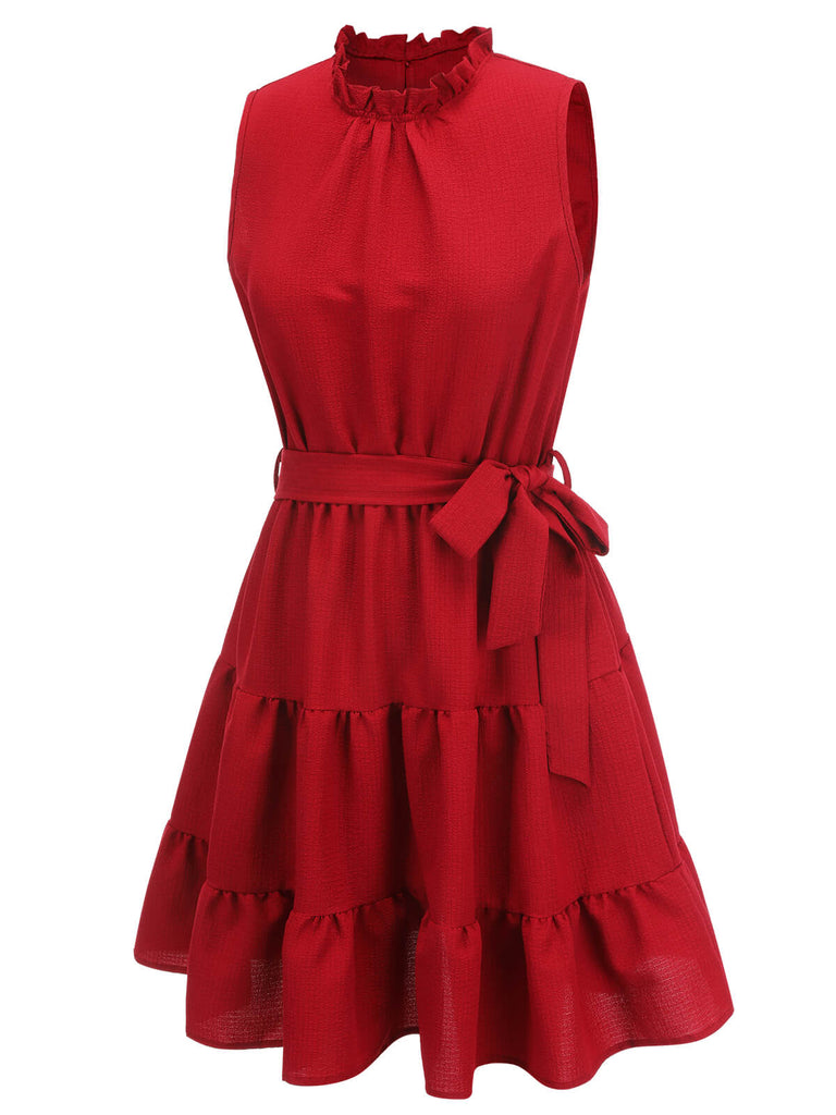 Red 1950s Ruffles Sleeveless Dress With Belt