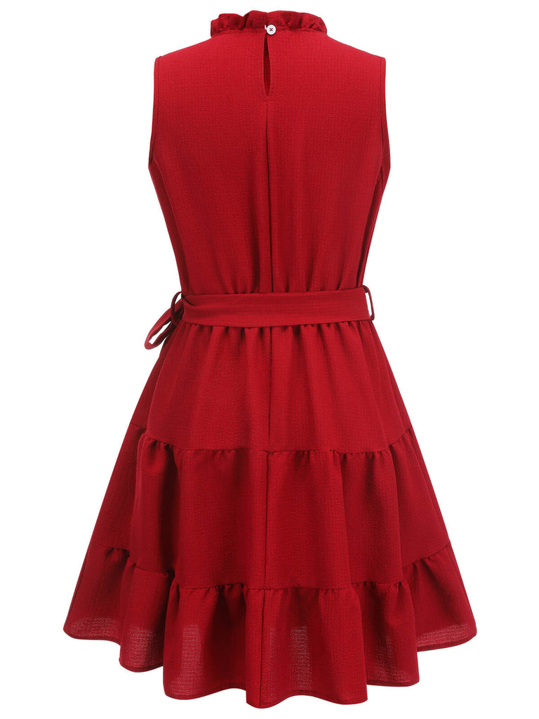 Red 1950s Ruffles Sleeveless Dress With Belt