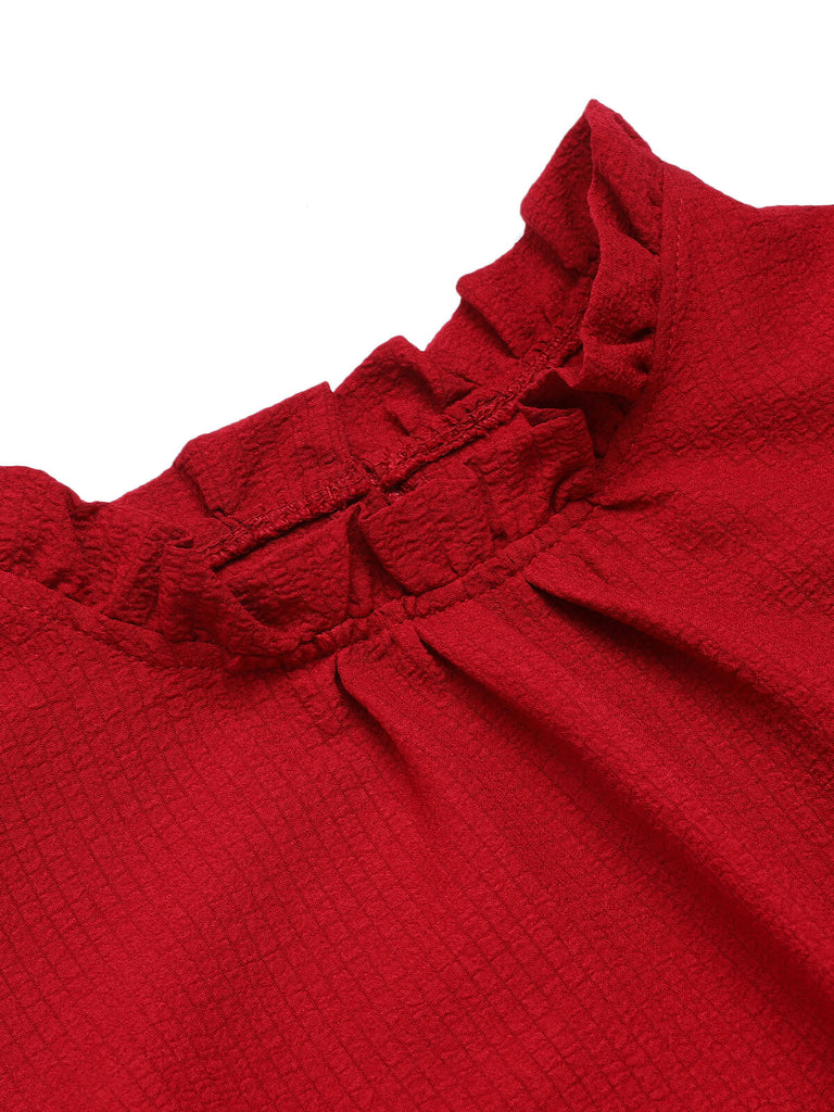Red 1950s Ruffles Sleeveless Dress With Belt