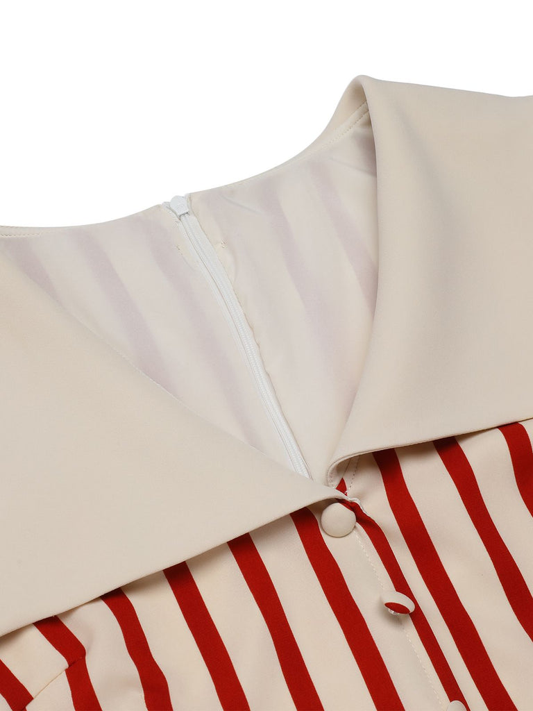 Red 1940s Lapel Vertical Stripes Dress