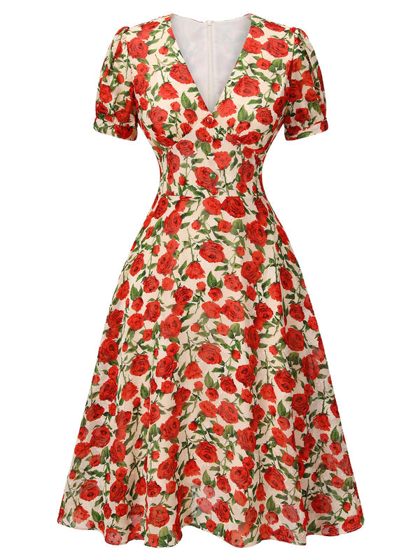 Red 1940s Rose V-Neck Swing Dress – Retro Stage - Chic Vintage Dresses ...