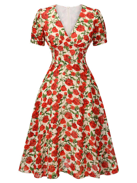 Red 1940s Rose V-Neck Swing Dress | Retro Stage